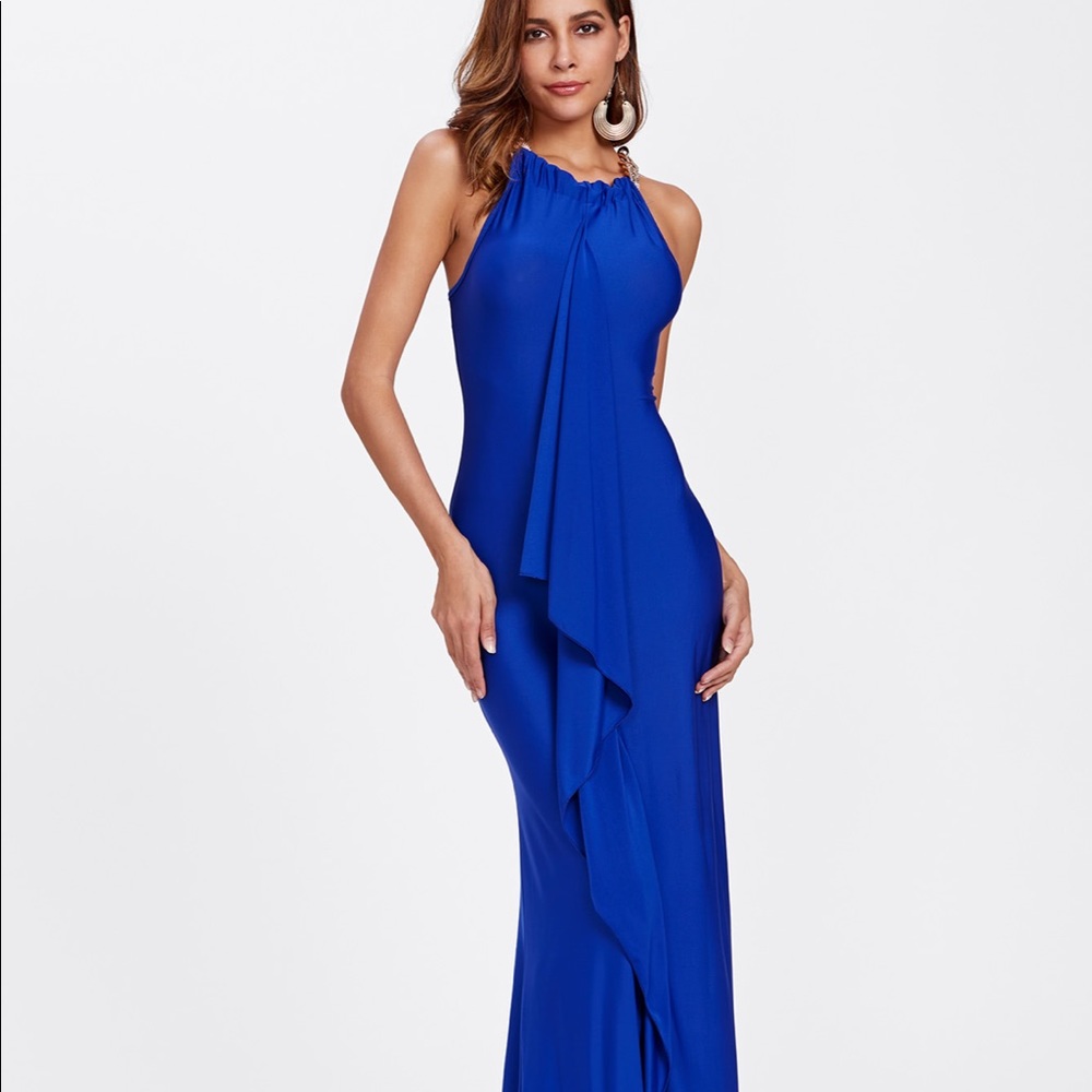 Blue long dress gown with gold chain neck. NWOT